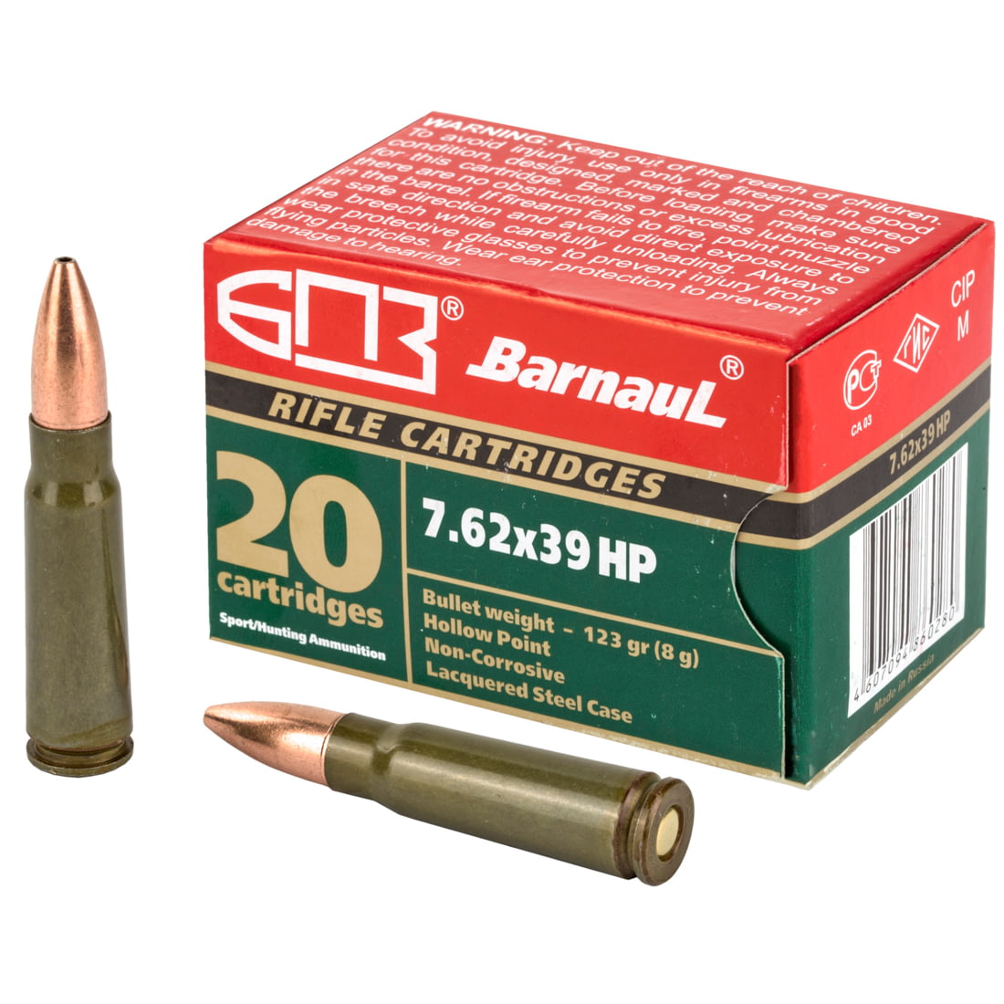 BarnauL 7.62x39mm 123 Grain Hollow Point Steel Cased Centerfire Rifle Ammunition