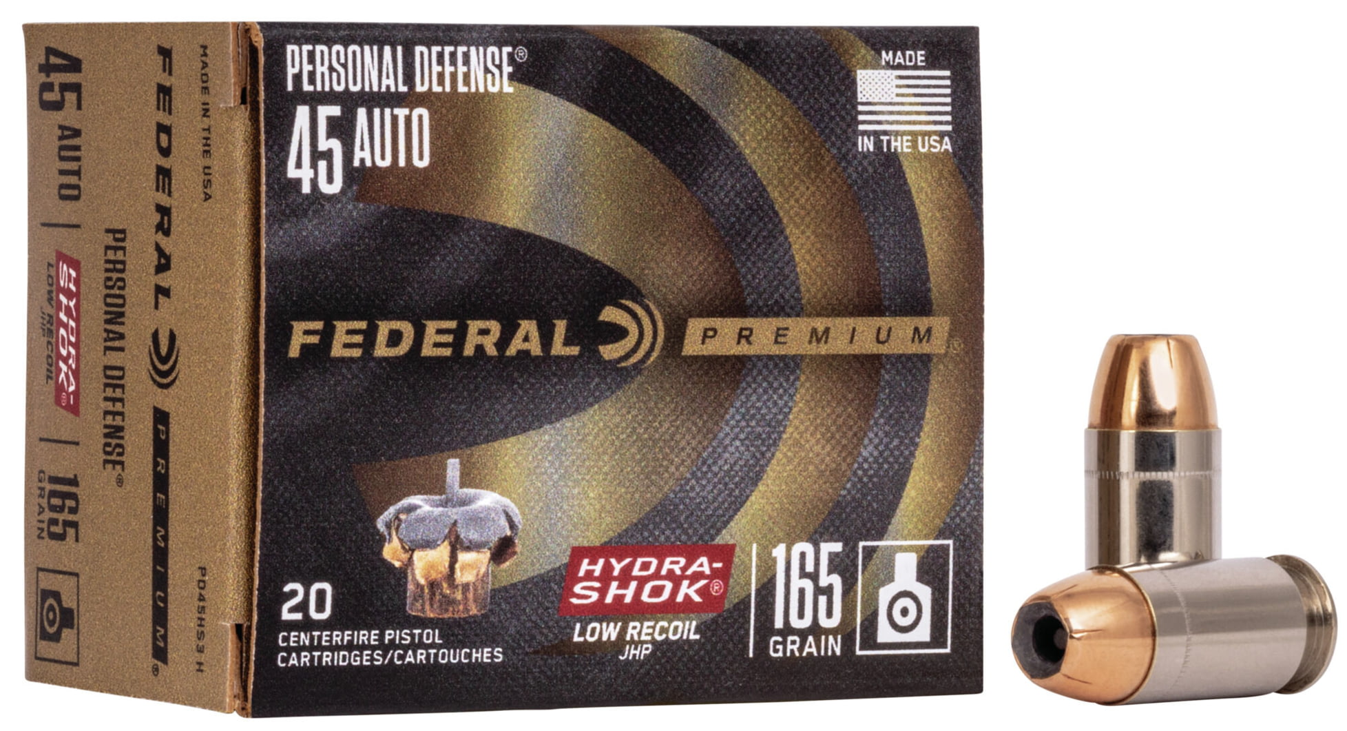 Federal Premium Centerfire Handgun Ammunition .45 ACP 165 grain Hydra-Shok Jacketed Hollow Point Centerfire Pistol Ammunition