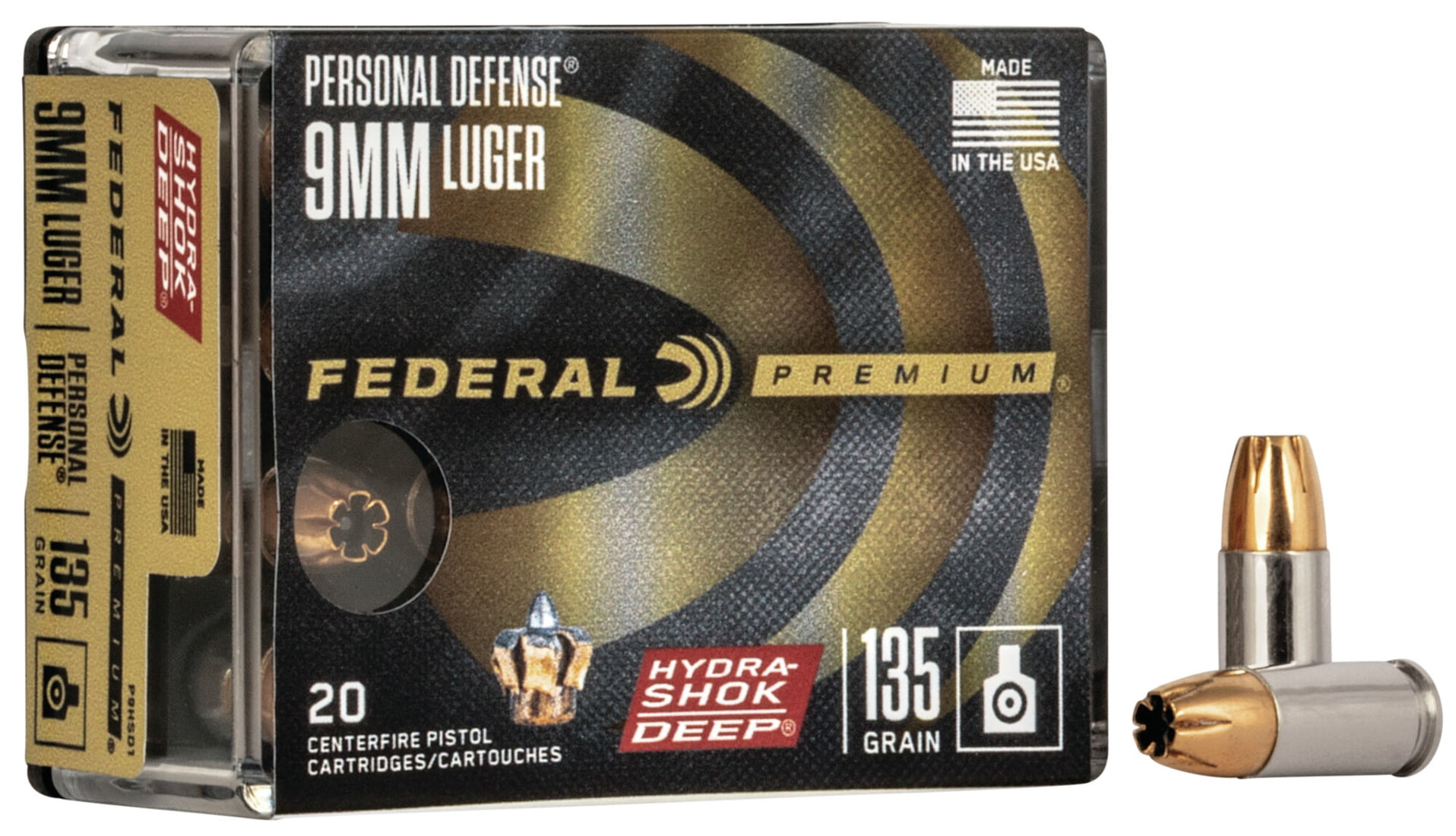 Federal Premium Centerfire Handgun Ammunition 9mm Luger 135 grain Hydra-Shok Deep Jacketed Hollow point Centerfire Pistol Ammunition