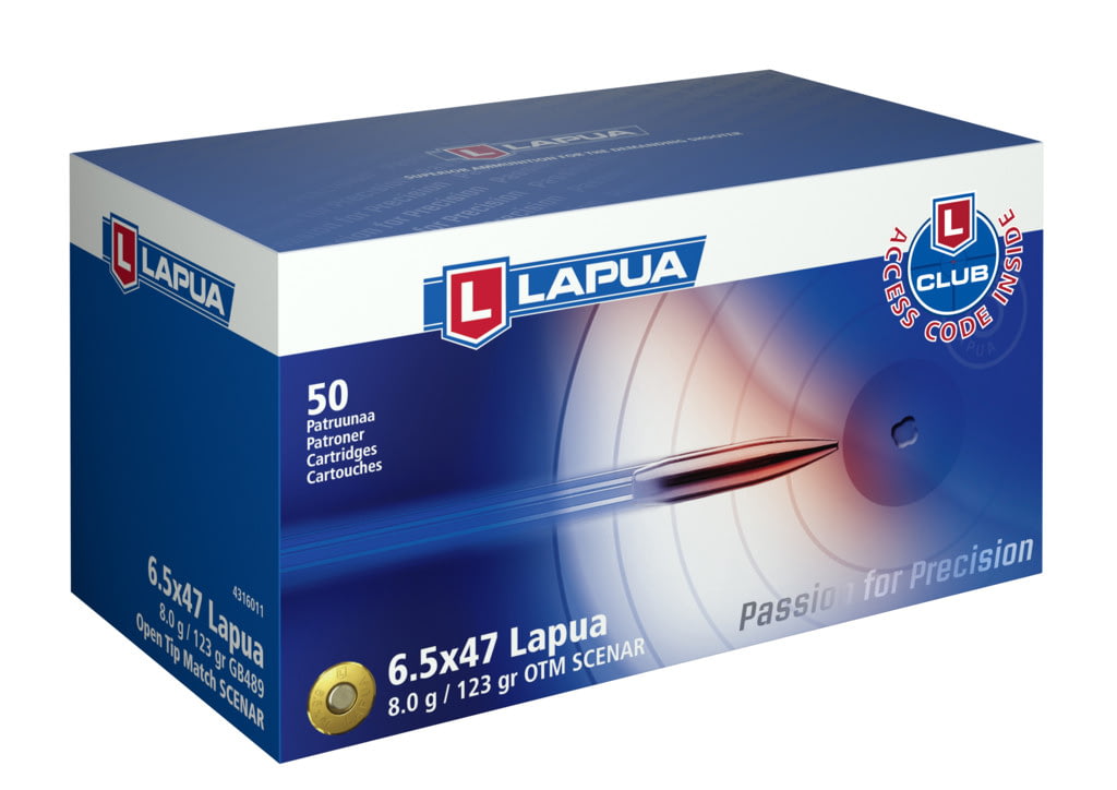 Lapua Scenar 6.5x47mm Lapua 123 grain Scenar Open Tip Match Brass Cased Centerfire Rifle Ammunition