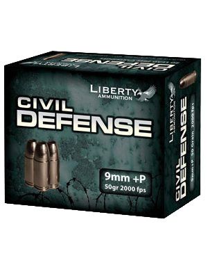 Liberty Ammunition Civil Defense 9mm +P 50 grain Hollow Point Brass Cased Centerfire Pistol Ammunition