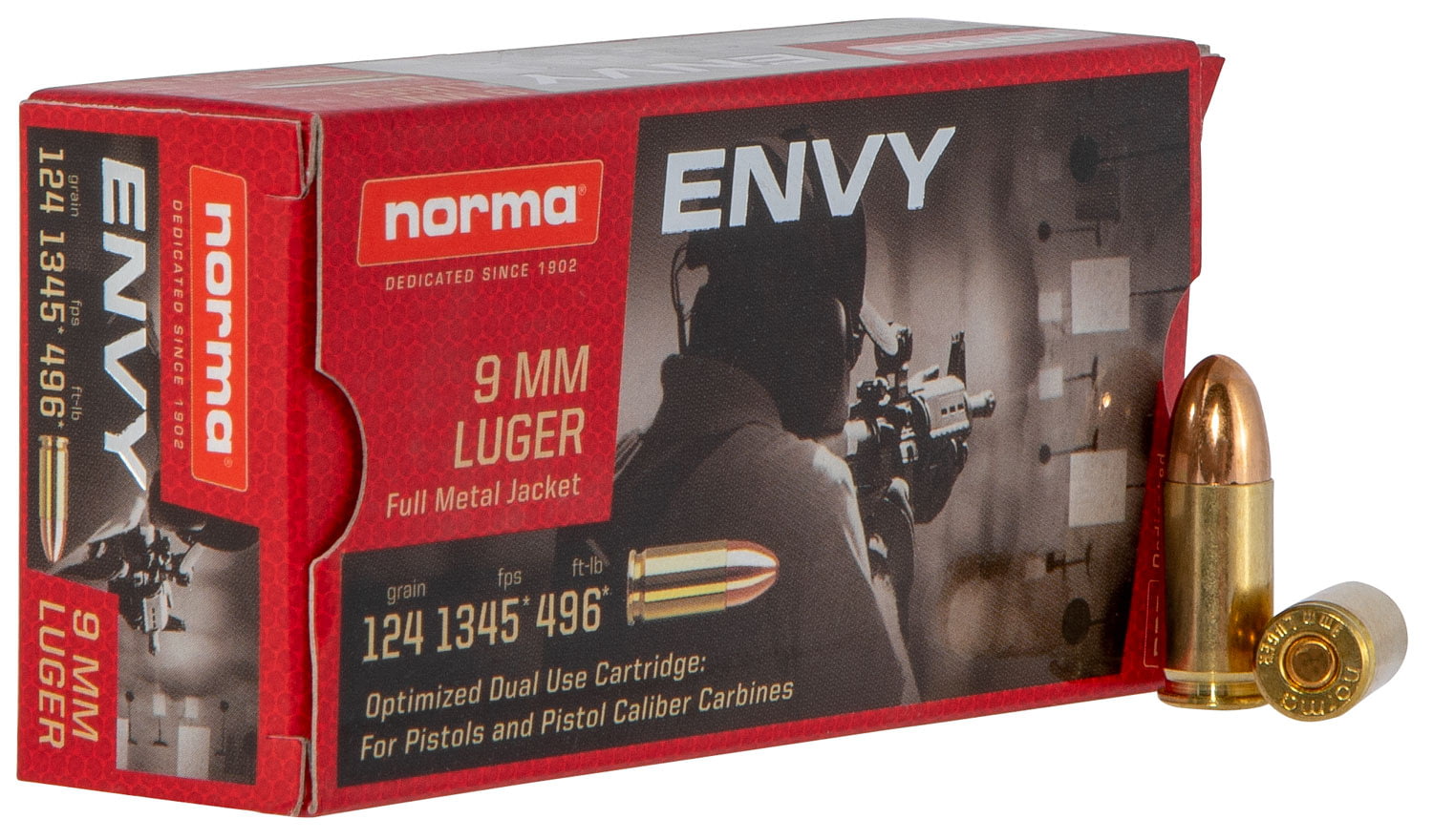 Norma Envy 9mm Luger 124 Grain Full Metal Jacket Brass Cased Centerfire Pistol Ammunition