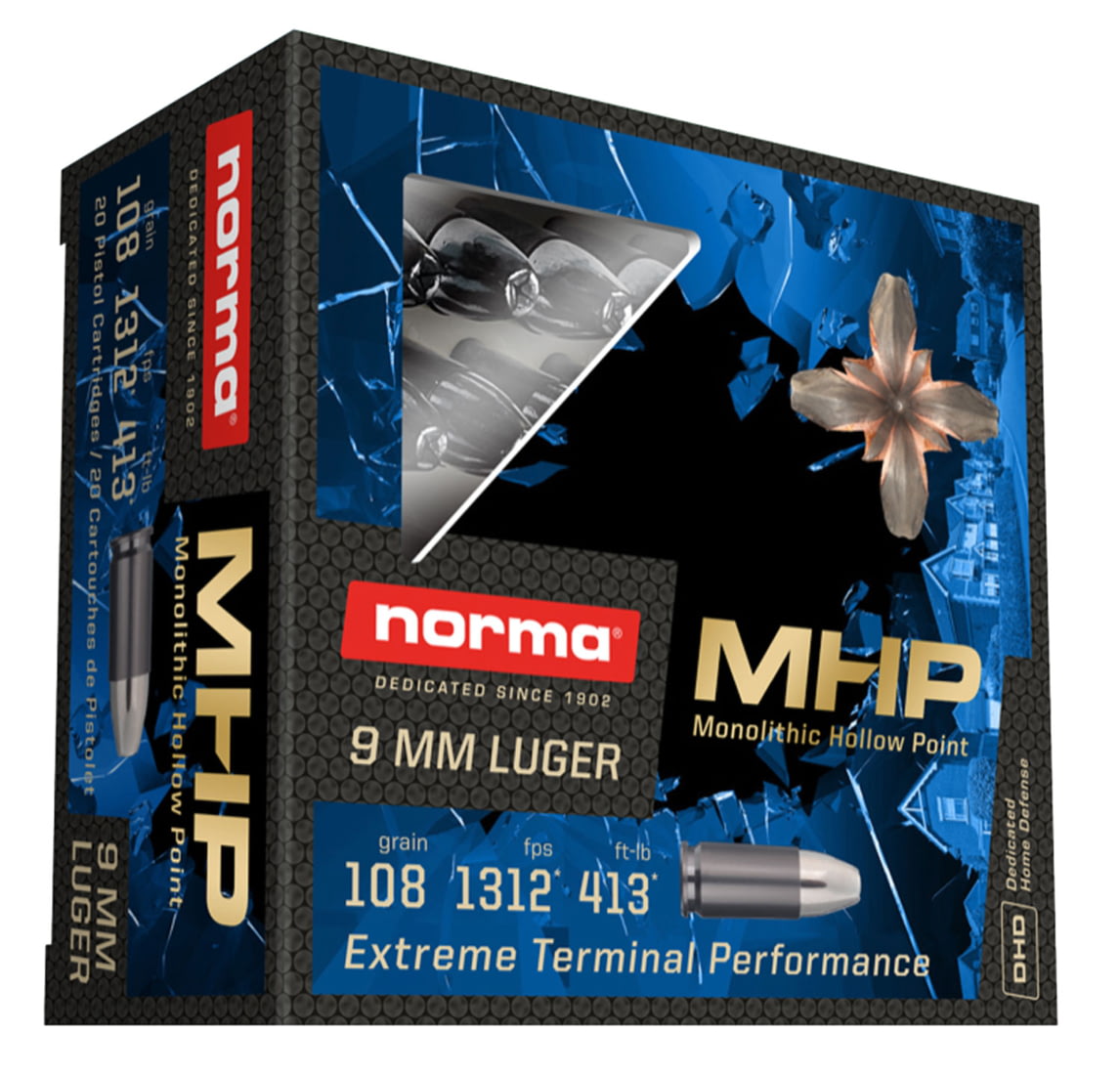 Norma MHP 9mm Luger 108 Grain Monolithic Hollow Point Brass Cased Centerfire Pistol Ammunition