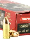 Norma Range Training FMJ 9mm Luger 115 Grain Full Metal Jacket Brass Cased Centerfire Pistol Ammunition