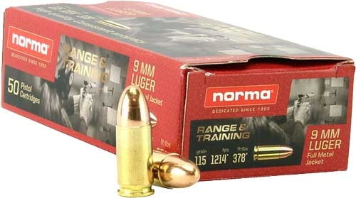 Norma Range Training FMJ 9mm Luger 115 Grain Full Metal Jacket Brass Cased Centerfire Pistol Ammunition