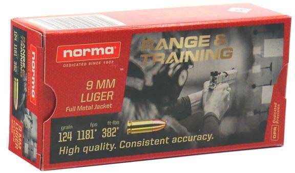 Norma Range Training FMJ 9mm Luger 124 Grain Full Metal Jacket Brass Cased Centerfire Pistol Ammunition