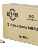PPU 5.56x45mm NATO 62 grain Green Tipped Full Metal Jacket Boat Tail (FMJBT) Brass Cased Centerfire Rifle Ammunition
