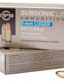 PPU PPS9MM Subsonic 9mm Luger Subsonic 158 Gr Full Metal Jacket (FMJ) 50 Bx/ 20