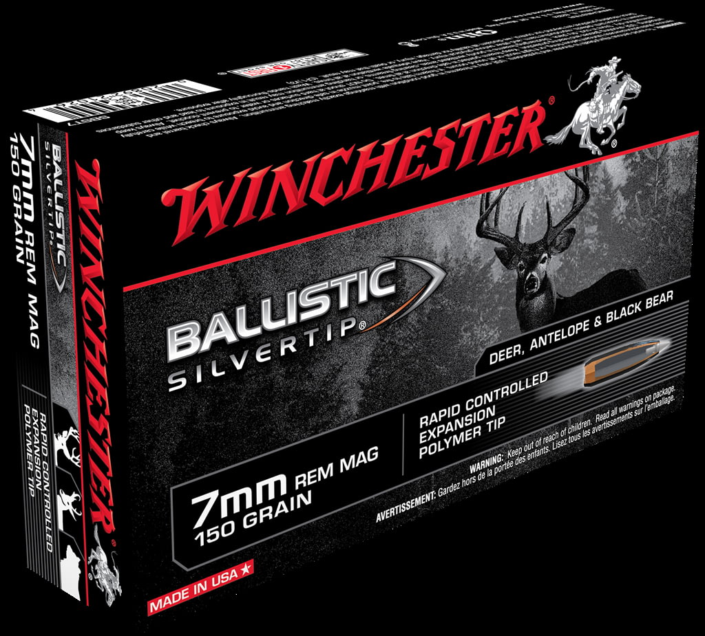 Winchester BALLISTIC SILVERTIP 7mm Remington Magnum 150 grain Fragmenting Polymer Tip Brass Cased Centerfire Rifle Ammunition