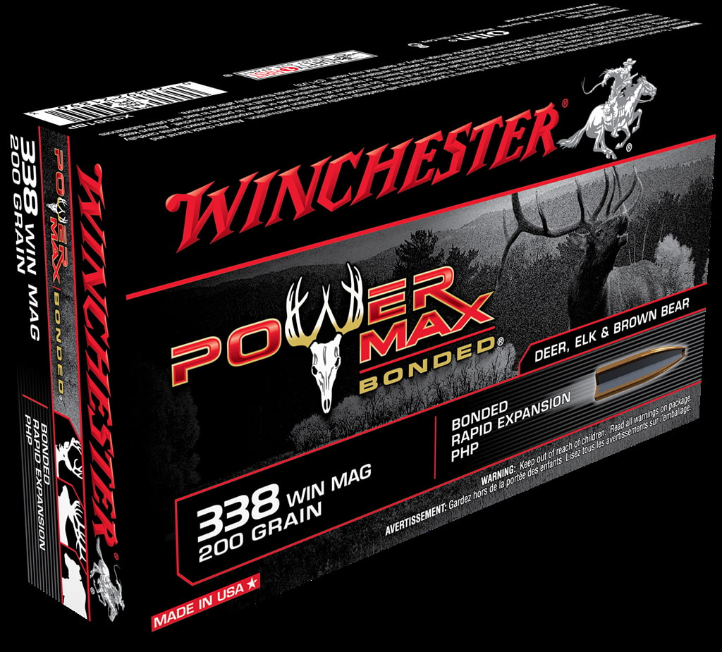 Winchester POWER MAX BONDED .338 Winchester Magnum 200 grain Bonded Rapid Expansion Protected Hollow Point Brass Cased Centerfire Rifle Ammunition