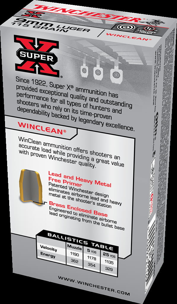 Winchester SUPER-X HANDGUN 9mm Luger 115 Grain WinClean Enclosed Base ...