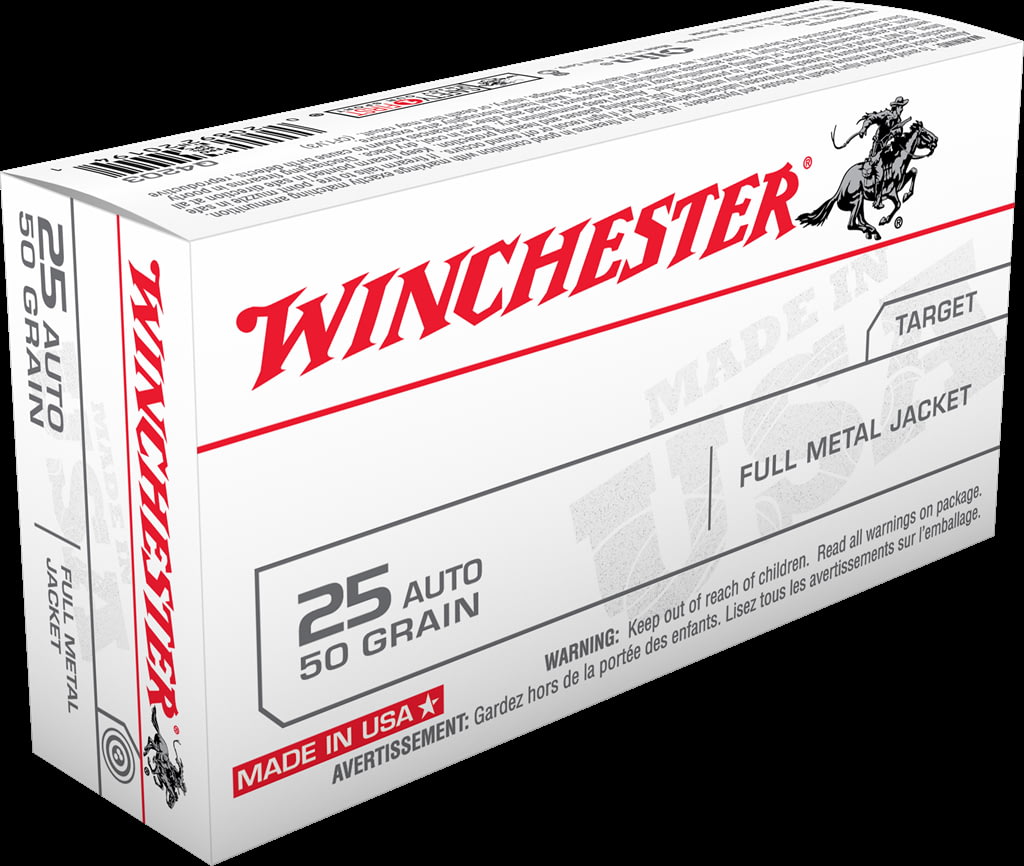 Winchester USA HANDGUN .25 ACP 50 grain Full Metal Jacket Centerfire Pistol Ammunition