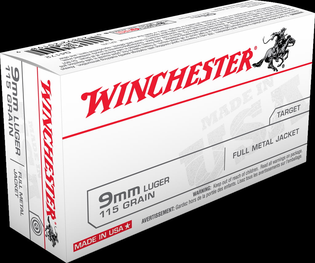 Winchester USA HANDGUN 9mm Luger 115 grain Full Metal Jacket Brass Cased Centerfire Pistol Ammunition