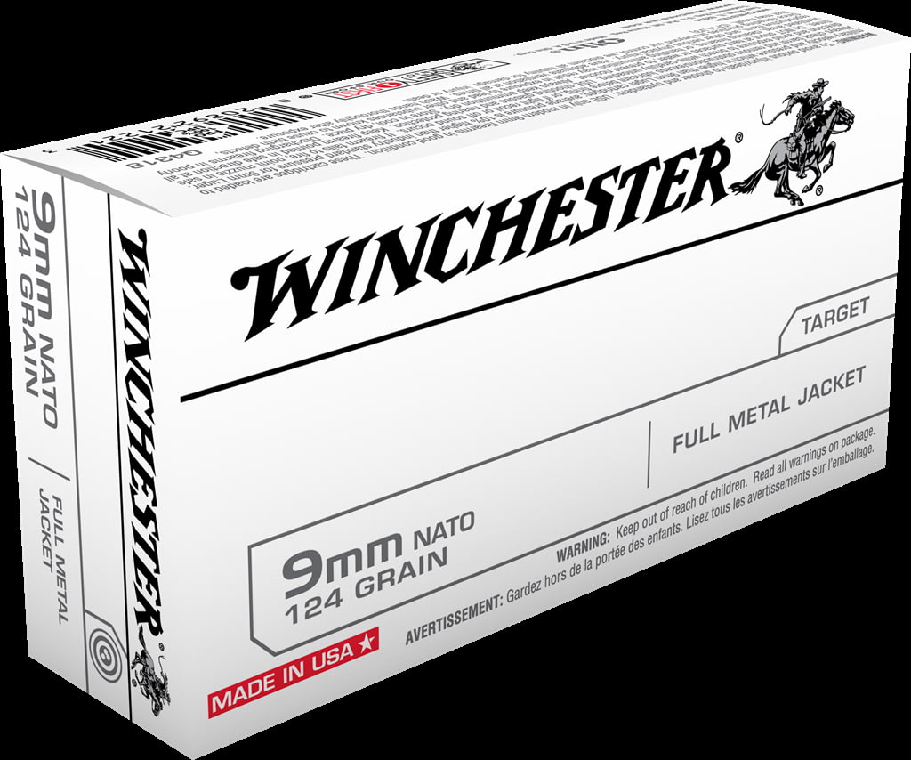 Winchester USA HANDGUN 9mm NATO 124 grain Full Metal Jacket Brass Cased Centerfire Pistol Ammunition
