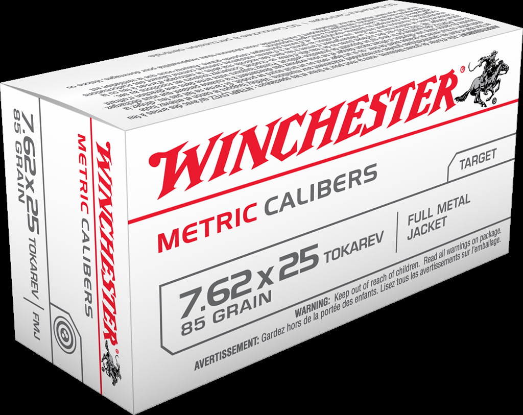 Winchester USA HANDGUN METRIC CALIBERS 7.62x25mm Tokarev 85 grain Full Metal Jacket Centerfire Pistol Ammunition