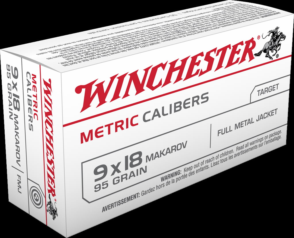 Winchester USA HANDGUN METRIC CALIBERS 9x18mm Makarov 95 grain Full Metal Jacket Centerfire Pistol Ammunition