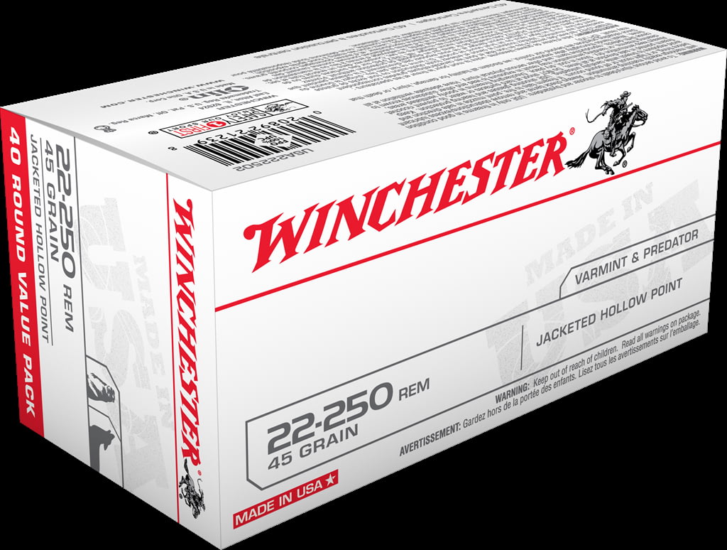 Winchester USA RIFLE .22-250 Remington 45 grain Jacketed Hollow Point Brass Cased Centerfire Rifle Ammunition